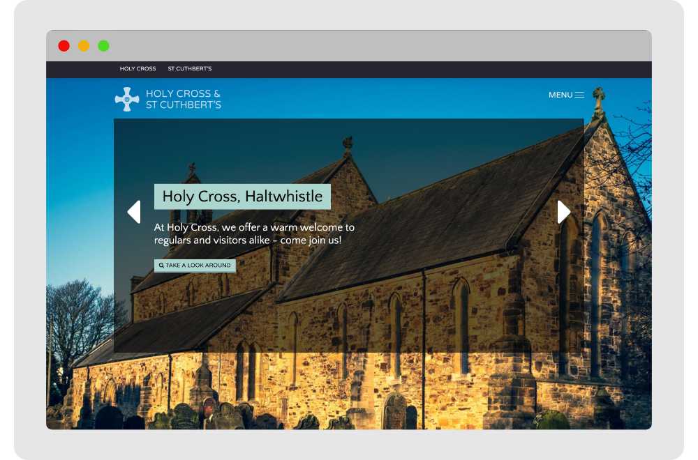 A iPad displaying the Holy Cross and St Cuthbert's website, which we have designed.