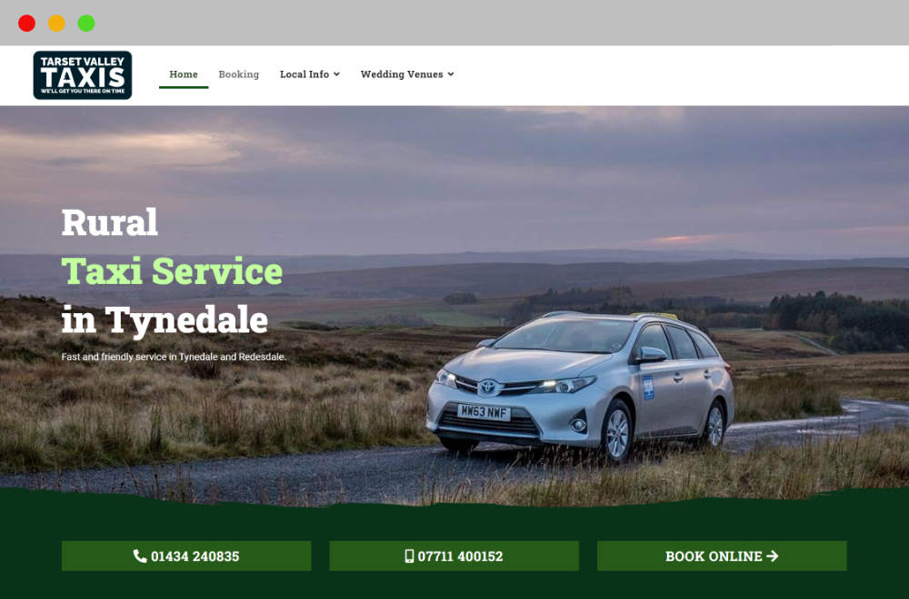 A mockup image of the Tarset Valley Taxis website on a laptop screen.